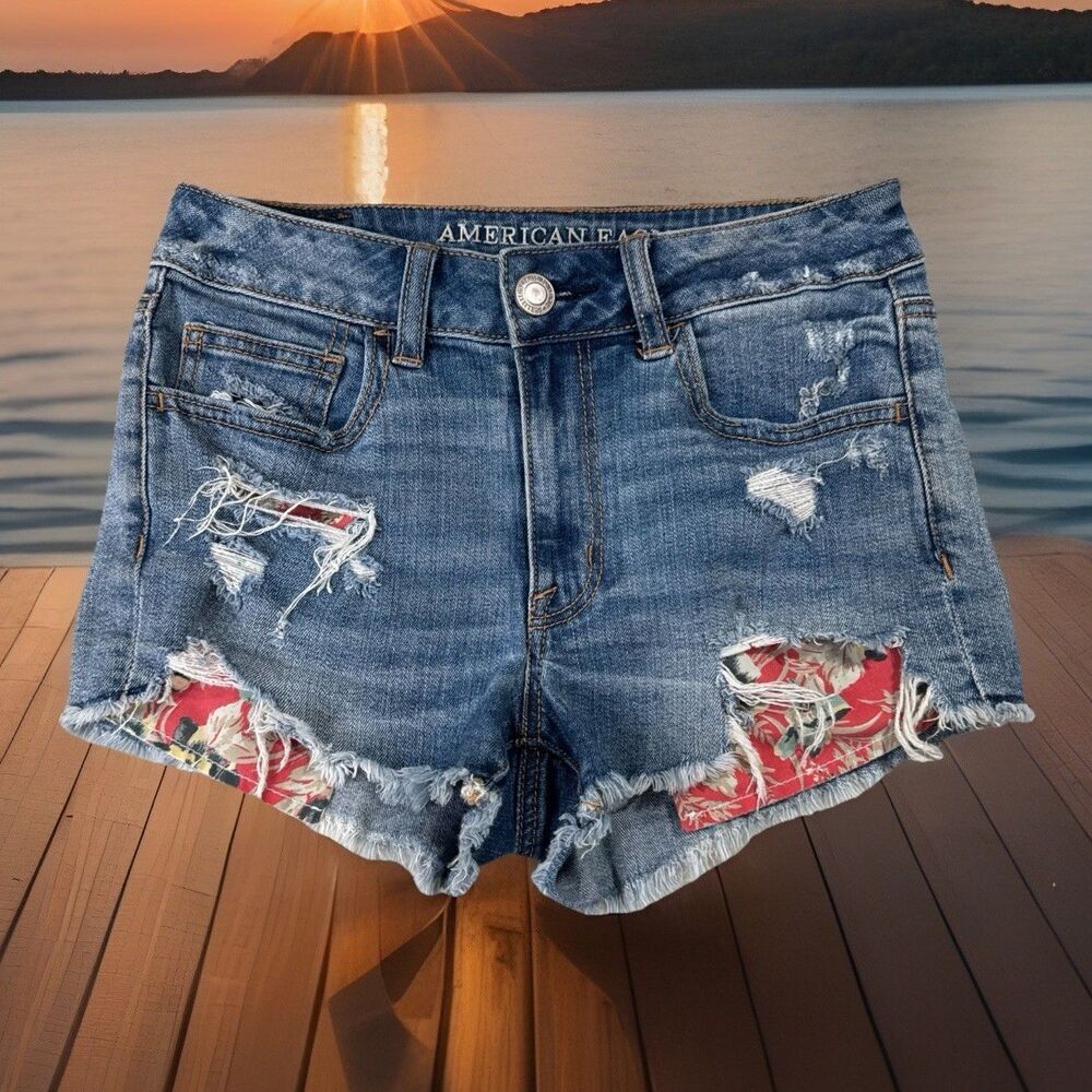 American Eagle Hi Rise Shortie Shorts 2 (W26 Inseam 1.5) Blue Distressed Womens